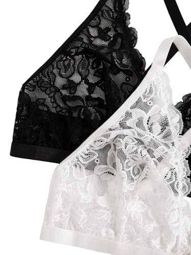 Image of MakeMeChic Women's Plus Size Lace Bralette Front Closure Bras Wireless Deep V Triangle Sexy Lace Bra