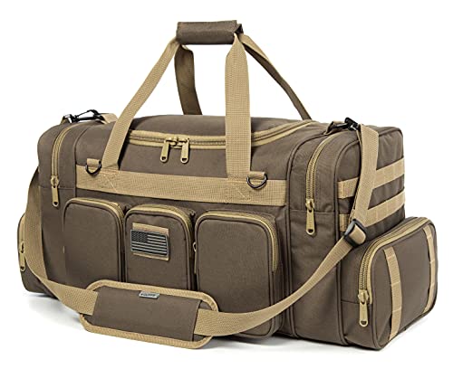 Tactical Range Duffel Heavy Duty Military Molle Gear Travel Sports Gym Bag Lockable Zippers with US Flag Patch (27 In Khaki)