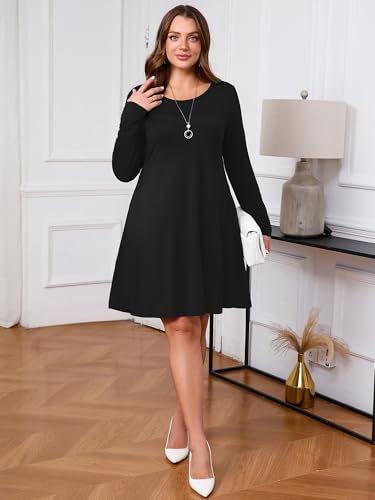 Image of AusLook Women's Plus Midi Dress Long Sleeve Crew Neck A-Line Swing Flowy Vacation Fall Wedding Guest Dresses with Pocket 1-5X
