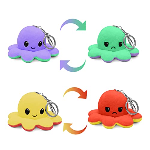 Juguetes para niños, regalo de peluche, 2 unidades, llavero de pulpo de peluche, lavable de doble cara, muñeca de peluche para niños, llavero para niños y niñas (morado y amarillo) Cover