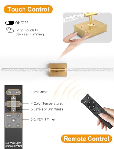 Image of Crystal Bubble Battery Operated Wall Sconces Set of 2: 10000mAh Gold Rechargeable Wall Light, 360 Rotate 4CCT Dimmable Modern Wireless Wall Lamp Decor for Hallway Bathroom Bedroom Living Room Mirror