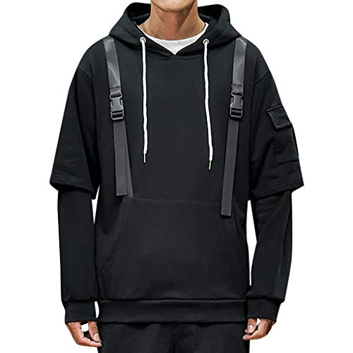Men Hoodie Pullover Long Sleeve Multi Pocket Cotton Blend Solid Casual Sweatshirt Hooded Black