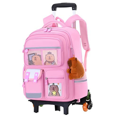 AZIDWERYQ Mochila rodante con 6 ruedas Mochila de Capybara de gran capacidad con mango retráctil de la escuela de dibujos animados impermeables correa reflectante para niños que rodan para niñas