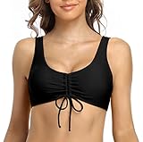 SHEKINI Damen Bademode U Ausschnitt Verstellbar Kordelzug Bikinioberteil Rückenfrei Breite Träger Badeanzug（M, Schwarz）