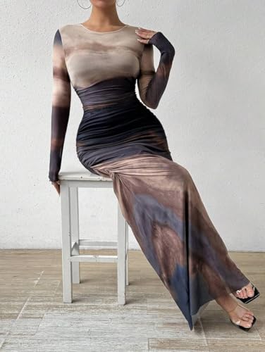 Image of LIGHT DOT Women's Printed Bodycon Maxi Dress Long Sleeve Tie Dye Mesh Ruched Cocktail Dress