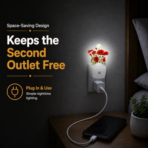 Image of Star Night Light with Dusk to Dawn Sensor, Red Flowers Plug in Night Light for Kids Bedroom Nursery, Soft Warm Glow Lamp for Hallway Bathroom Energy Saving