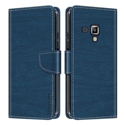 Shantime Funda Cartera de Cuero Compatible con Samsung Galaxy Trend Plus, Tapa de Color con Ranuras, Cierre Magnético Protección Completa(Azul)