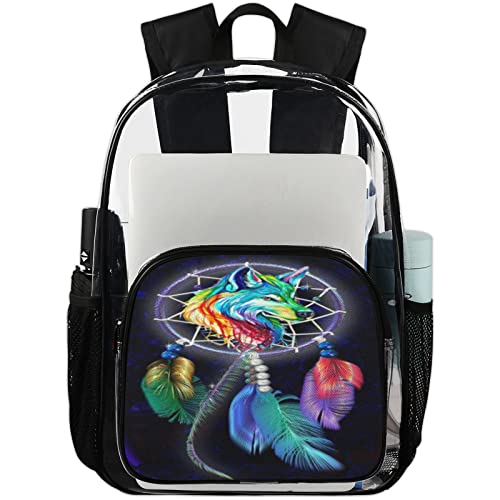 Clear Backpack Dreamcatcher Wolf Clear Bag Heavy Duty Pvc Mini Backpack Durable Clear Bookbags Transparent Backpack Clear Bags For School, Work, Security Clear Backpack For Women/Girls/Men