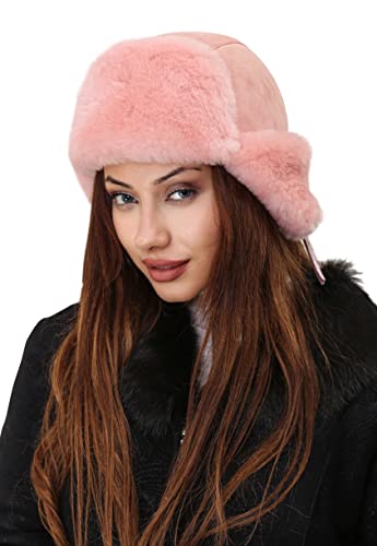 Image of Unisex Shearling Sheepskin Leather Aviator Russian Ushanka Trapper Winter Fur Hat (Pink, Small)