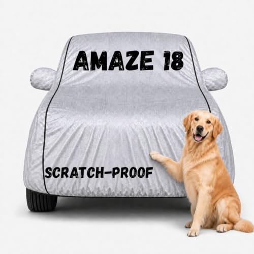 Image of 3 Layer Waterproof Car Body Cover for Old Amaze All Weather Protection Comes with Inner Cotton Lining & Triple Stitched with Mirror & Antenna Pocket Belt & Elastic Fit (Silver)