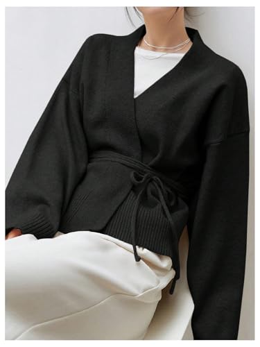 Image of WDIRARA Women's Wrap Long Sleeve Tie Front Cardigan | V Neck, Belted Sweater, Casual, Long Sleeve, Tie Waist, Knit Top