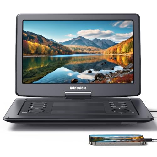 GOnavidio Reproductor de DVD portátil de 17.9 pulgadas con pantalla HD grande de 16 pulgadas, batería recargable de 5 horas, compatible con entrada HDMI, sincronización de TV/teléfono, 1600 x 900