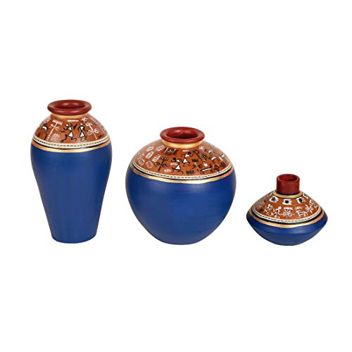Image of Aakriti Art Creations Exotic Warli Vases Set of 3 in Blue | Handmade Terracotta Flower Vases | Matte Finish Warli Art Decorative Vases for Living Room, Table Decor & Gifting