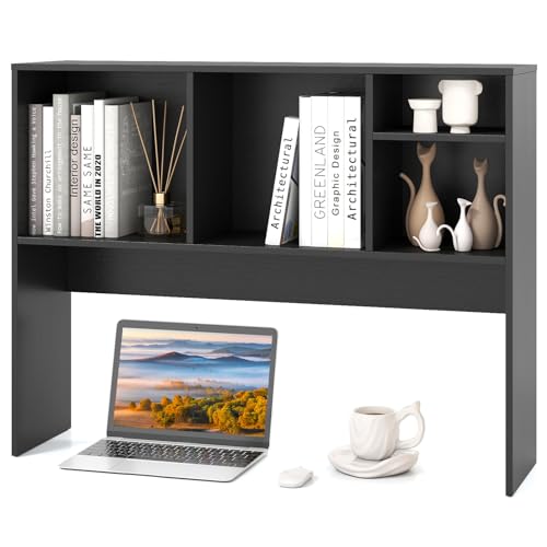 Image of Tangkula Desktop Bookshelf, Countertop Storage Hutch with 4 Shelves for Computer Desk, Desktop 2-Tier Display Rack, Multipurpose Wood Desk Hutch Storage Organizer for Dorm Office Home (Black)