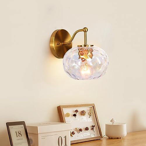 Image of Gold Wall Sconce Light Colorful Hammered Glass Vanity Lighting Brushed Brass Wall Lamp for Bathroom Over Mirror