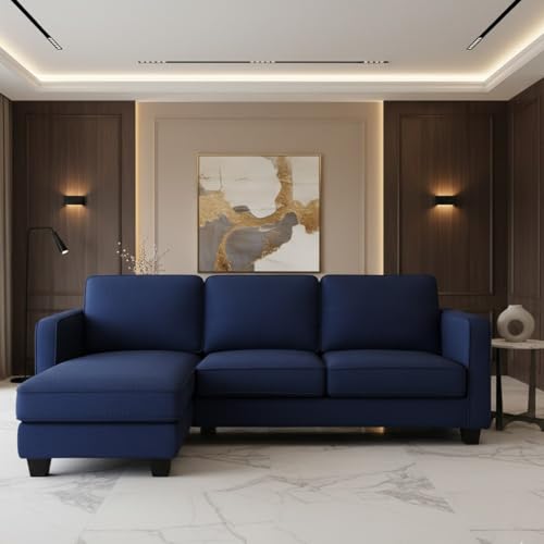 Image of FURNY Arlo 4 Seater Fabric LHS L Shape Sofa Set (Dark Blue) Premium Velvet Finish | Ideal of Living Room