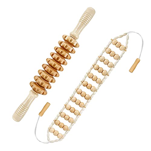 Deston 2 In 1 Wooden Back Massager Roller Rope & Handheld Roller Massager Stick, Relax Fascia, Cellulite, Muscle, Back & Abdomen, Therapy Lymphatic Anti Cellulite Muscle Recovery Massage Tool #TOP24