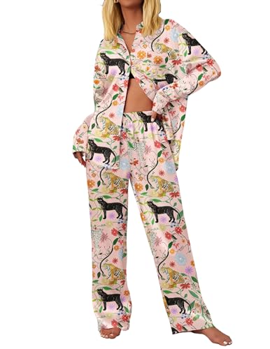 Ekouaer Womens Satin Silky Pajama Set 2 Piece Print PJs Soft Loungewear Button Down Sleepwear with Elastic Waist Long Pants