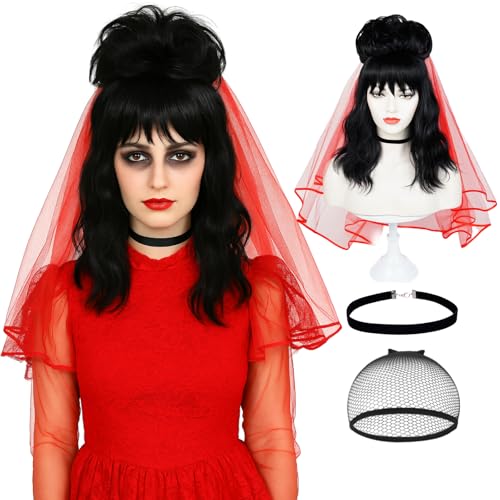 Wiggy Mermaid Black Bride Wig with Red Veil, 40cm Long Black Wavy Goth Wigs with Detachable Bun + Cap for Halloween Costume Party Cosplay