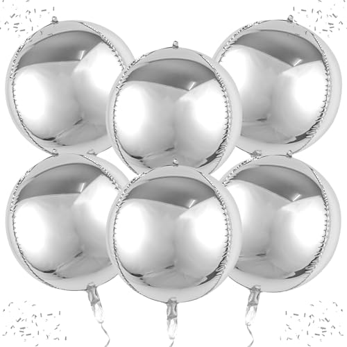 Image of silver balloons, 6-pack 22-inch metallic silver balloons partywoo balloons, 4D round silver chrome balloons for silver birthday party decoration, silver foil balloons silver metallic balloons