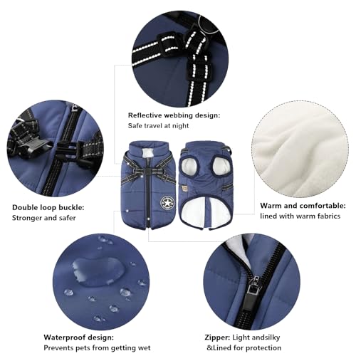 Aiboria Hundejacken für den Winter Winddicht Wasserdicht 2 in 1 Outfit Kaltwettermantel Hundewestengeschirr Welpen Winter Warme Jacke Kleines Blau XL