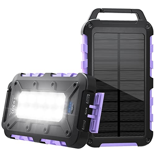 Cargador Solar 20000mAh Batería Externa Portátil Banco de Energía Solar con Panel Solar y Linterna LED,Carga Rápida con 2 USB Puertos Imperable para Movil Ordenador Cámping Emergencia Morado Cover