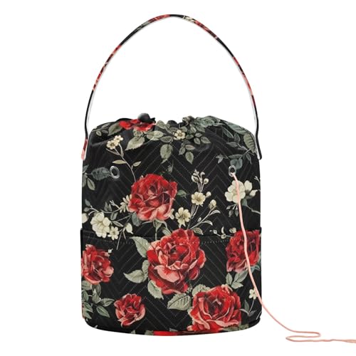 Yarn Storage Bag Small Crochet Bag Knitting Bag Organizer Red Roses Black Yarn Bags for Crocheting Basket