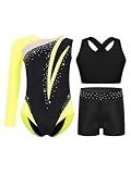 TiaoBug Conjunto De Gimnasia Para Chicas Monos De Cuello Redondo Brillantes Con Top Espalda Cruzaday Pantalones Cortos Maillot Patinaje Artístico Amarillo fluorescente 9-10 años