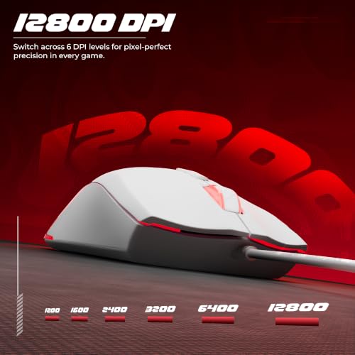 Image of Zebronics Viper 50 Premium Gaming Wired Mouse, 12800 DPI, 1000Hz Polling Rate, Gaming Grade Sensor, Huano Switches, 6 DPI Levels, 7 Buttons, Advanced Windows Software Support, 1.5m USB Cable (White)