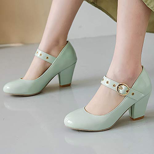 MAVMAX Women's Round Toe Chunky Heel Pumps Patent Leather Mary Janes2