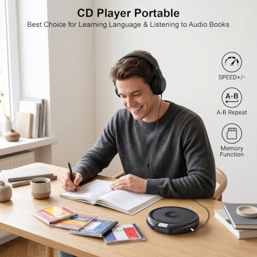 Image of Gueray Portable CD Player with Earphones CD Player for Car | CD Dsicman with Anti-Skip Shockproof with LCD Display Support PROG Memory Repeat Function