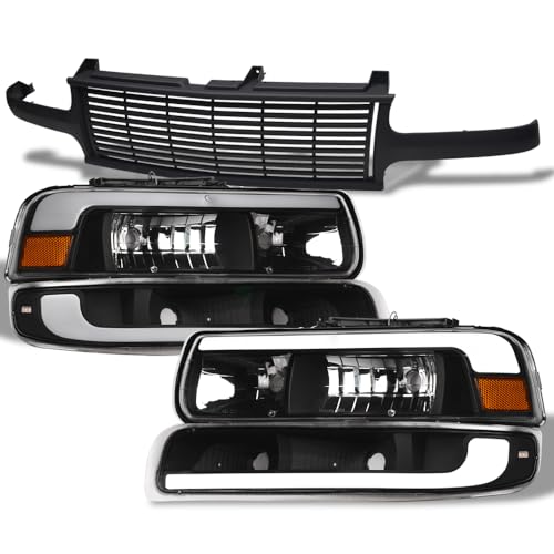 TLAPS 7422439453432 1999-2002 Silverado 1500/2500/Tahoe/Suburban DRL LED Strip Bar Black Headlight 4PC Amber+Bumper Ligh