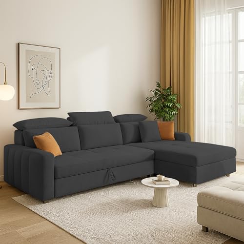 Image of Casaliving Gagnon RHS 4 Seater L Shape Corner Sofa Cum Bed for Living Room (Black Fabric) Premium Fabric Sofa
