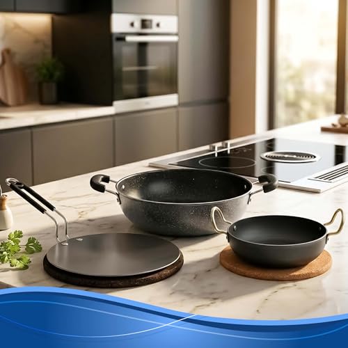 Image of DOZY Iron Cookware Set of 3 Iron Rich Non-Stick 2 Kadhai & 1 Tawa | Induction & Gas Compatible | Chemical Free | Cookware Combo | Better Heat Retention | Pre-Seasoned | Cookware Set for Kitchen