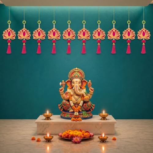 Image of JH Gallery Pink Tassel Lotus for Ganpati Decoration Items for Home - Handmade Ganesh Chaturthi Backdrop Decoration, Mandir & Balcony Hanging (8 Inch, Pack of 10)