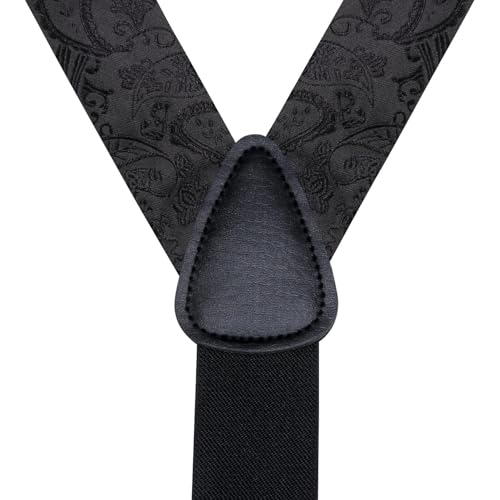 Image of Hi-Tie Men's Suspenders and Tie Set Silk Adjustable Elastic Y Braces with Strong 6 Clips Pocket Square Set
