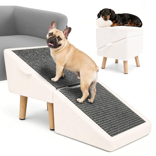 16 H Dog Stairs & Ramp for Small Dogs 2-in-1 Foldable Wooden Dog Ramp for Low Bed and Couch Non-Slip Split Ottoman Pet Ramp Safe for Puppies Senior Injured Dogs White
