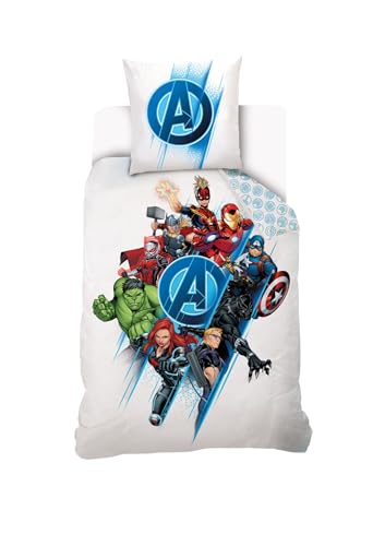 Marvel - Housse de Couette Avengers Team 140x200 cm + 1 Taie d'oreiller 63x63 cm - 100% Coton - Blanc