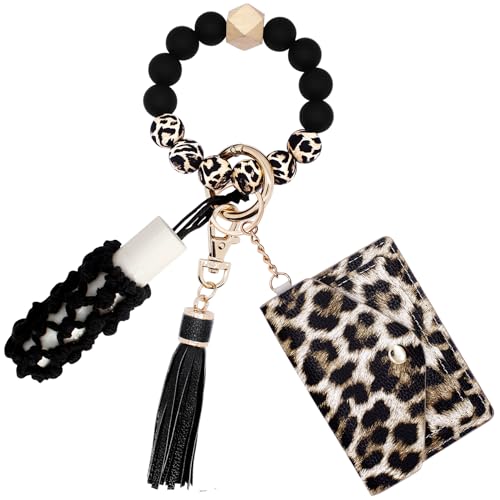 BIHRTC Silicone Beaded Bracelet Keychain Wristlet Wallet with Chapstick Holder Small Credit Card Holder Bracelet Key Chain Purse Bangle Tassel Beads Key Rings for Women Car Keyring