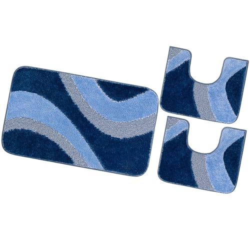 emmevi Tappeto Bagno Parure Set 3 Pezzi Morbido Shaggy Antiscivolo Lavabile mod.EVIA SET 3 PEZZI BLU