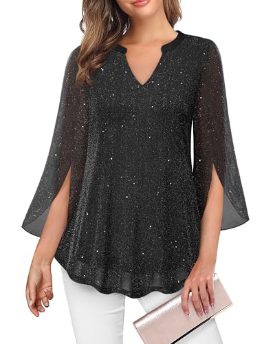 VALOLIA Dressy Tops for Women: Sparkly 3/4 Bell Sleeve - Black Blouses...