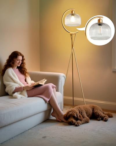 Image of Lightdot Tripod Floor Lamp for Living Room, Gold Standing Lamp with Clear Glass Lampshade, Farmhouse Tall Lamp for Bedroom, Arced Reading Light for Home Office /Sofa Beside /Corner Decor(Bulb Included)