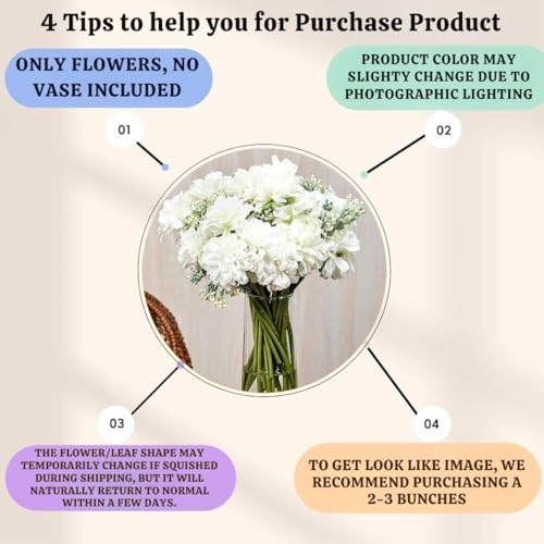 Image of SATYAM KRAFT 2 Pcs Artificial Dahlia Flower Bunch - 7-Stem Faux Bouquet for Home, Office, Wedding & Party Decoration - Realistic Fabric Flower Arrangement (Without Vase) (White)