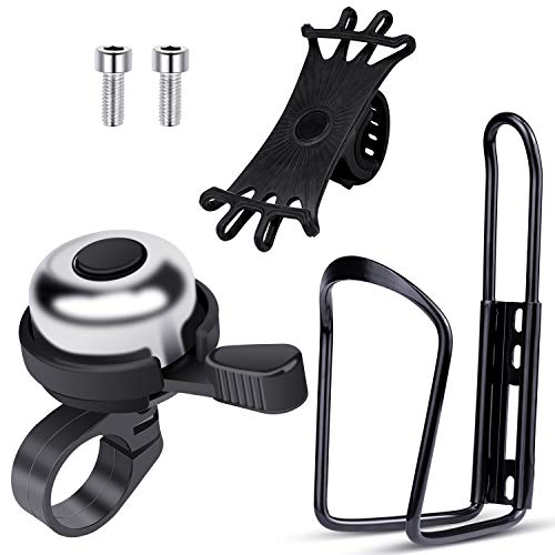 EAONE Bike Accessories- 1 Bike Water Bottle Holder with 1 Pack Silicone Bike Phone Mount and 1 Bike Bell, Alloy Aluminum Lightweight Bike Cup Holder and Bike Phone Holder (Black)
