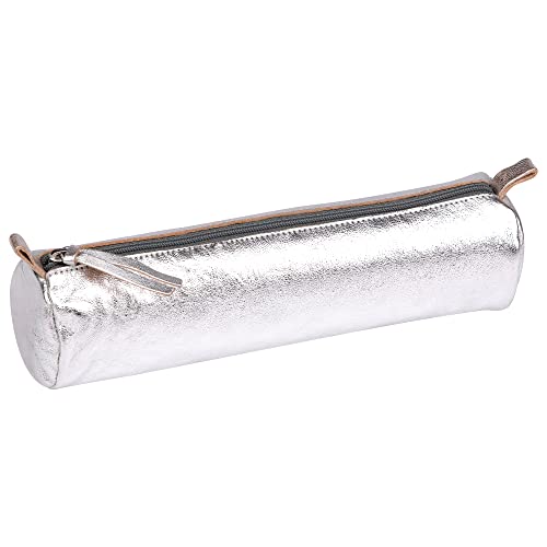 Clairefontaine 8688C - Trousse Scolaire Cuirisé Ronde Ø5,5x22 cm en Véritable Cuir irisé, Argent