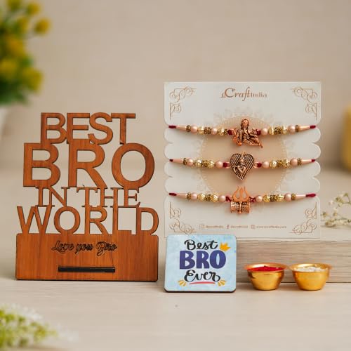 Image of eCraftIndia Set of 3 Designer Rakhi for Brother with Best Bro Ever Fridge Magnet & Best Bro in the World Wooden Writing Block | Raksha Bandhan Gift Set with Roli Chawal