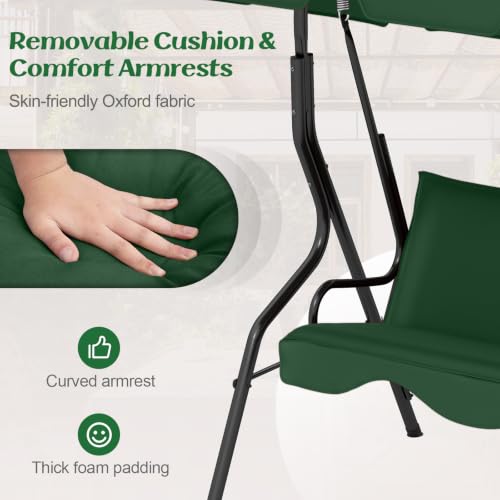 Image of Tangkula 3 Person Porch Swing with Cushions & Canopy, Green