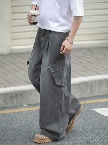 Men's Baggy Cargo Jeans Y2K Wide-Leg Retro Distressed Side Pockets Casual Style Trendy Streetwear Emo Clothes3