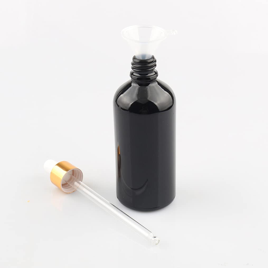 12 Pieza,Botella de Aceite Esencial Negro brillante de 100 Ml, Fácil de Llenar, Botellas de Cristal con anillo de Oro y pipeta,para Aceite Esencial, Masaje,Fragancia, Aromaterapia
