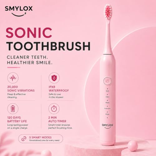 Image of Smylox Go Rechargeable Electric Toothbrush for Adults | 2 Brush Heads | 5 Cleaning Modes | 120-Day Battery Life | 2-Min Smart Timer with QuadPacer | IPX8 Waterproof | USB-C Fast Charging, 1-Y Warranty